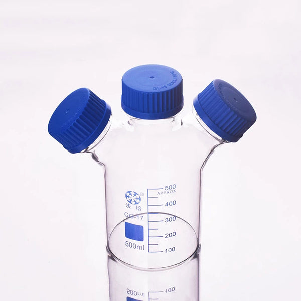 Reagent bottle,With 3 blue screw covers,Borosilicate glass, 500ml GL45mm,Graduation Sample Vials Plastic Lid with 3 necks